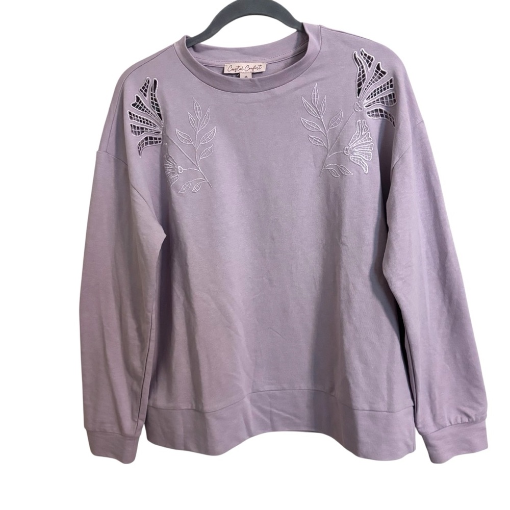 Coastal Comfort‎ Purple Embroidered Cutout Pullover Sweatshirt Medium